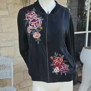 Johnny Was Workshop Dragon Floral  Embroidered Bomber Jacket - Black Silk Size M